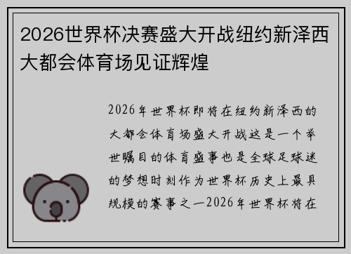 2026世界杯决赛盛大开战纽约新泽西大都会体育场见证辉煌