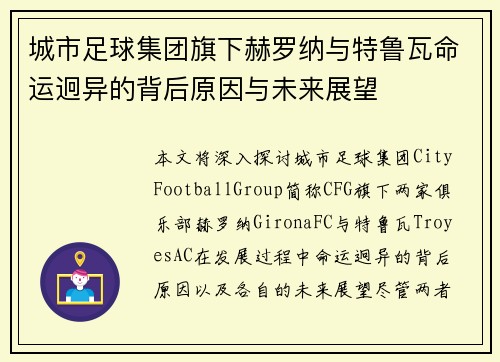 城市足球集团旗下赫罗纳与特鲁瓦命运迥异的背后原因与未来展望